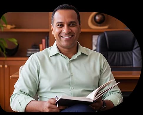 Psicólogo sorridente no consultório segurando um livro, em imagem da Agilize Contabilidade Online